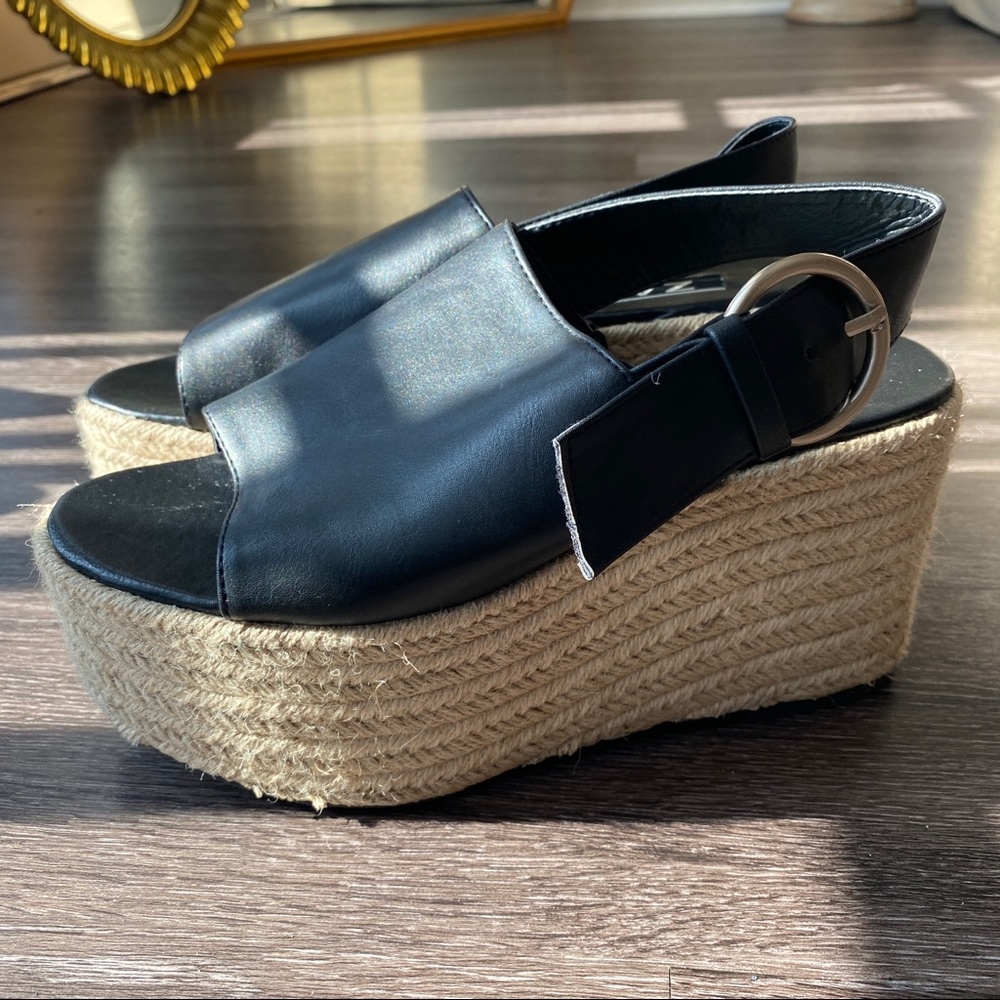 Zara Black Leather Espadrille Platform Sandals with Jute Sole